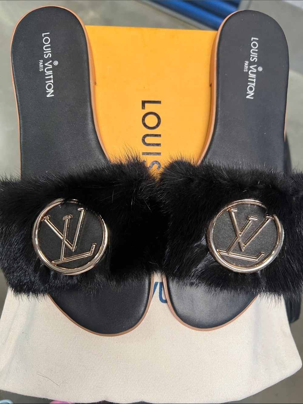 Louis Vuitton Black Fur LV Medallion Slide Sandals